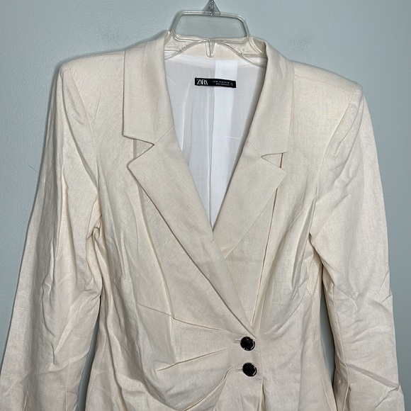 Zara Cream Colored Long Linen Blend Double Breasted Blazer Sz Medium! - Picture 2 of 8